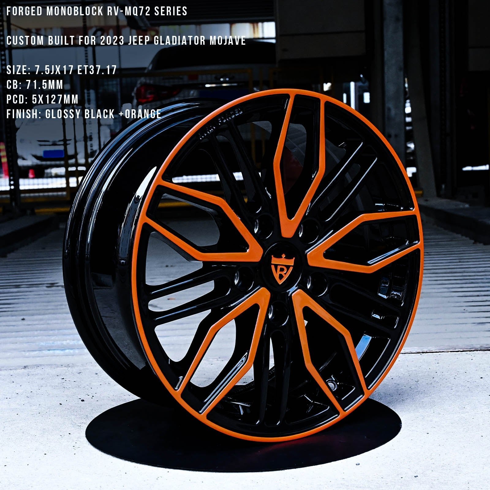 Custom forged monoblock RV-MQ72 wheel in glossy black and orange for Jeep Gladiator Mojave, size 7.5x17 ET37.17.