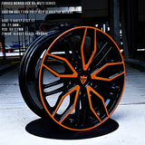 Custom forged monoblock RV-MQ72 wheel in glossy black and orange for Jeep Gladiator Mojave, size 7.5x17 ET37.17.
