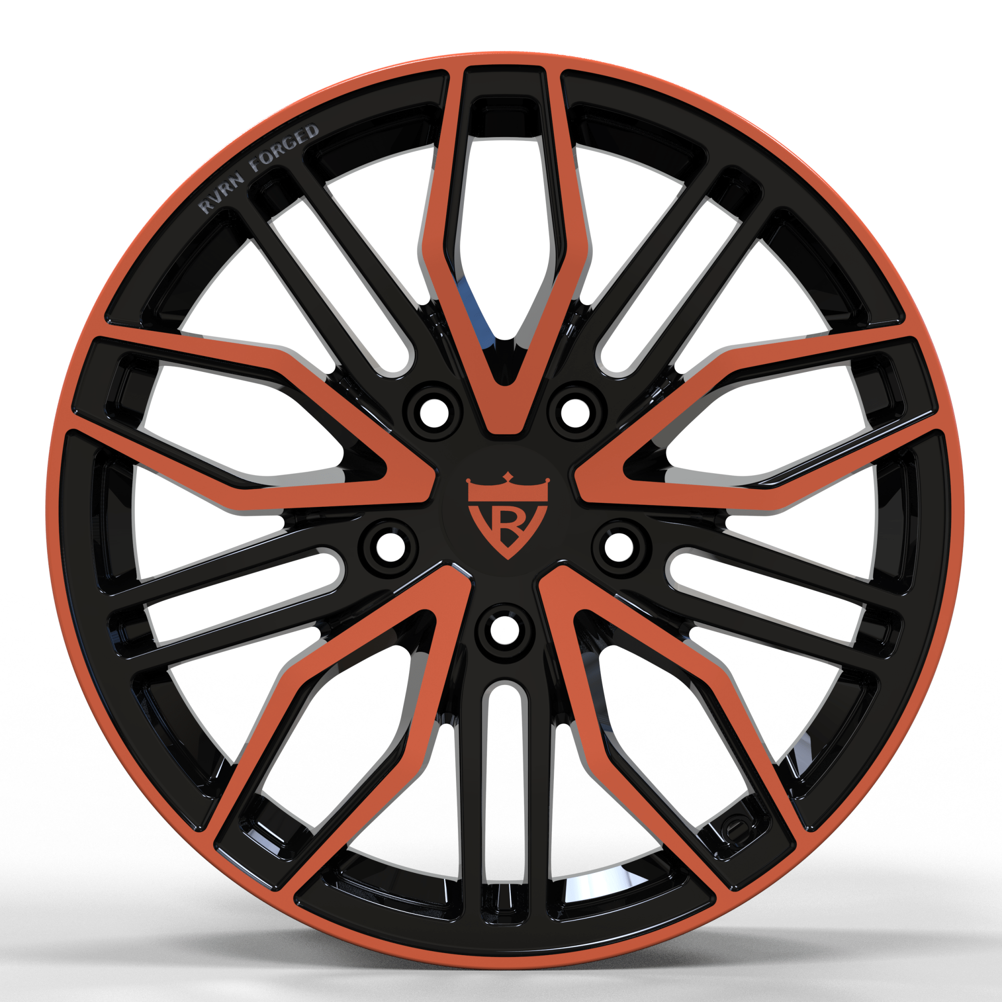 Custom black and orange forged wheel from RV-MQ72 series for various vehicles including Mercedes-Benz, BMW, and Ferrari.