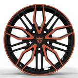 Custom black and orange forged wheel from RV-MQ72 series for various vehicles including Mercedes-Benz, BMW, and Ferrari.