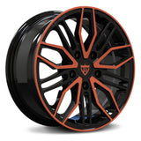 Black and orange custom forged wheel for luxury cars and trucks, ideal for brands like Mercedes, BMW, Tesla, and Ford Mustang.