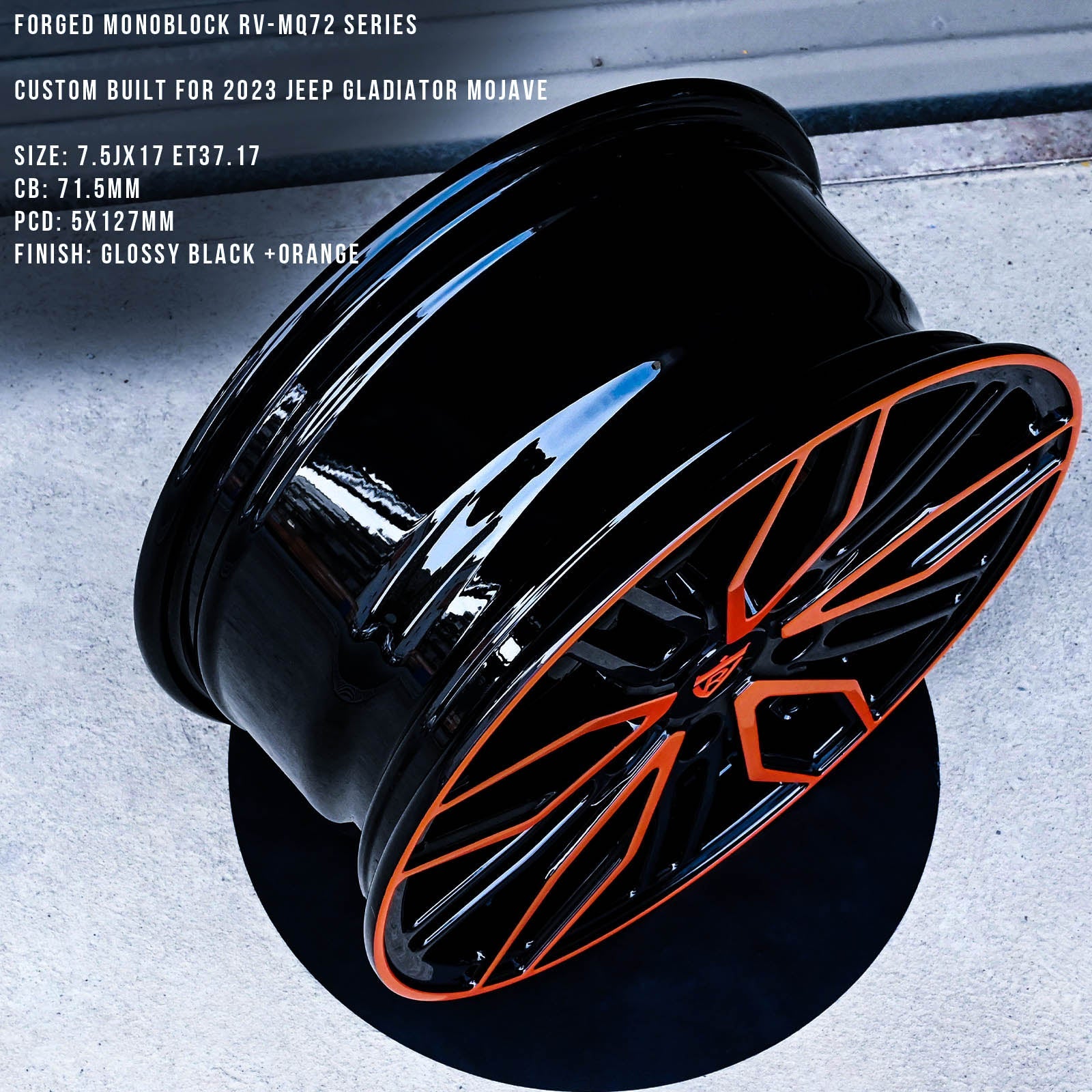 Custom forged monoblock RV-MQ72 wheel in glossy black and orange for 2023 Jeep Gladiator Mojave.