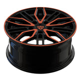 Custom forged black and orange rim for luxury vehicles, RV-MQ72 series, ideal for Mercedes, BMW, Tesla, and more.