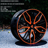 Glossy black and orange custom forged monoblock wheel for 2023 Jeep Gladiator Mojave, size 7.5Jx17, showcasing modern design.