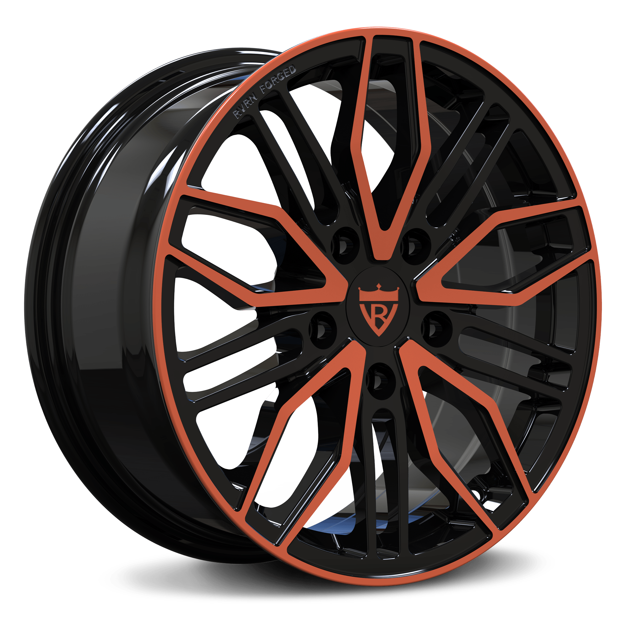Black and orange custom forged wheel from RV-MQ72 series for cars, SUVs, and trucks.