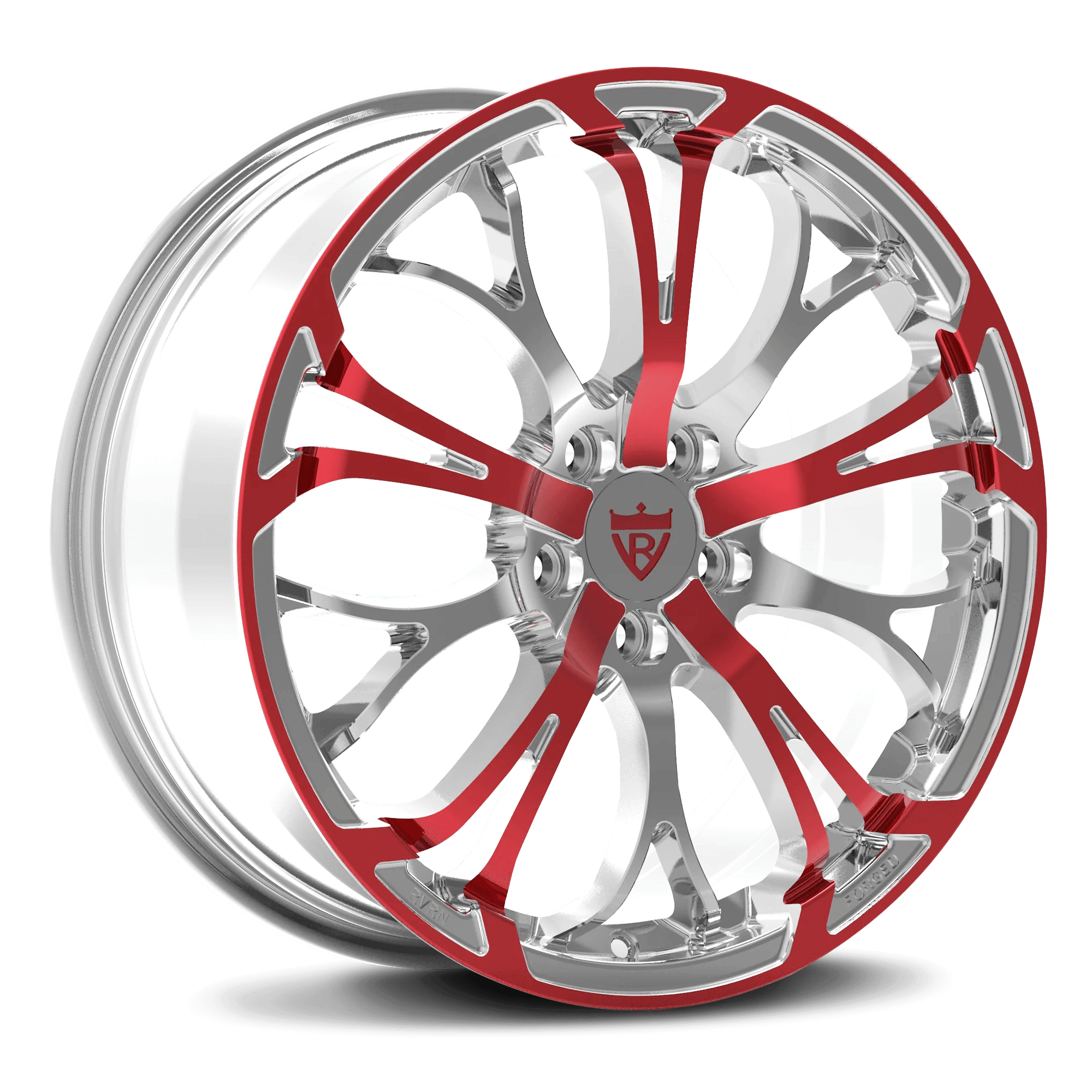Custom red fully forged wheel RV-MR09 designed for Lincoln MKZ with polished aluminum finish and unique style.