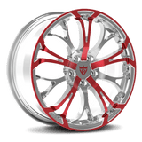 Custom red fully forged wheel RV-MR09 designed for Lincoln MKZ with polished aluminum finish and unique style.