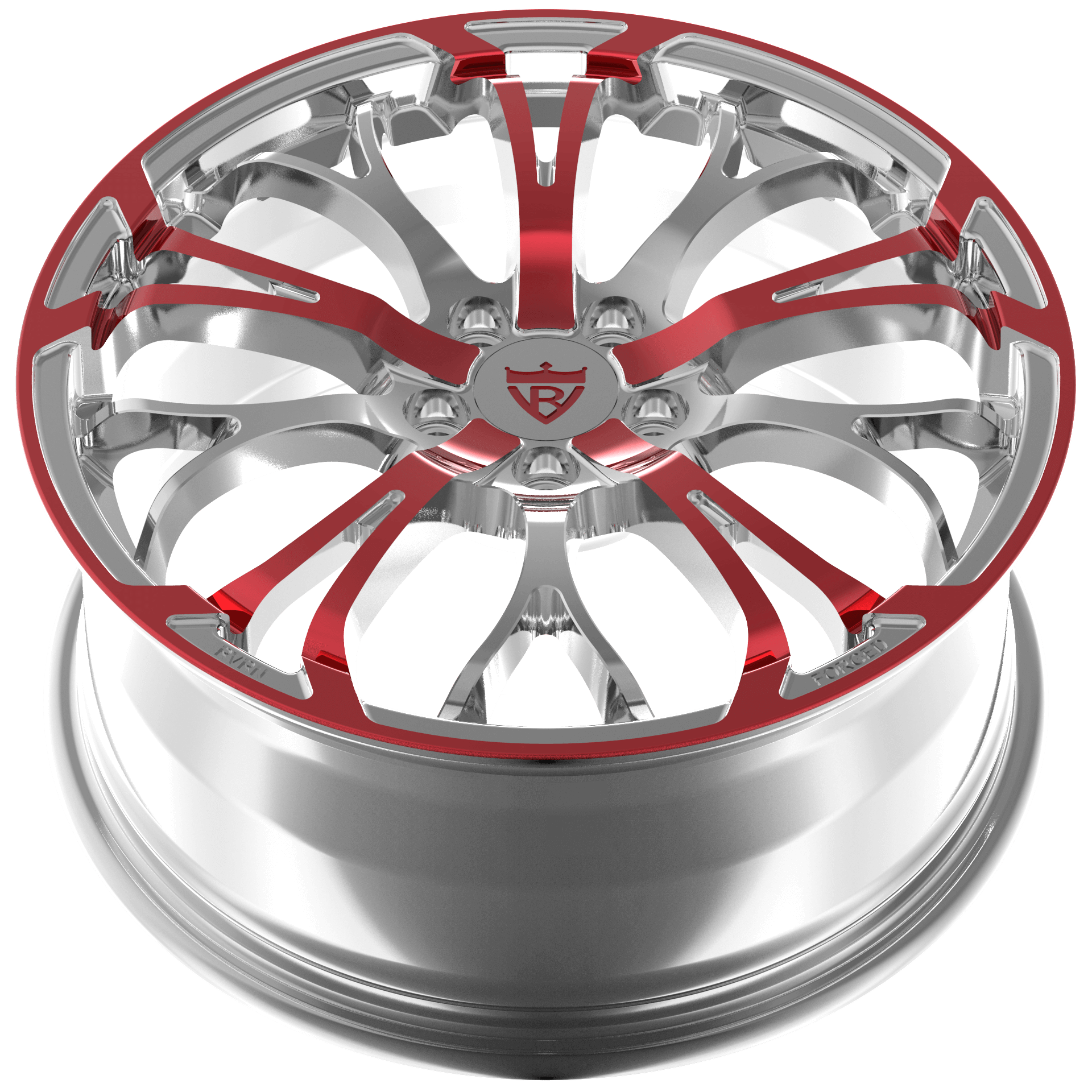 Custom 1-piece fully forged red wheel RV-MR09 for Lincoln MKZ with polished aluminum finish.