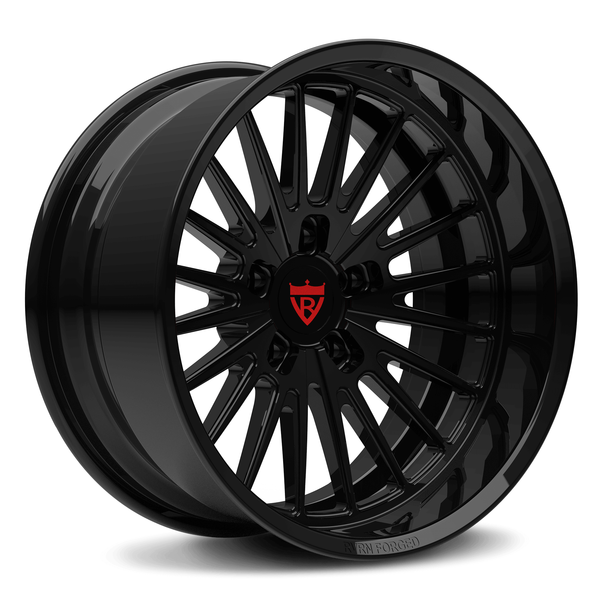 Black forged deep dish wheel for trucks with chrome finish, model RV-HR01. Elegant monoblock deep dish design, enhancing truck aesthetics.