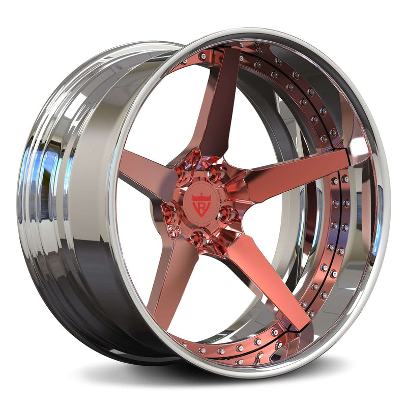 Custom 5 Spoke Deep Dish Wheels with Rose Gold and Chrome Finish, Fully Forged 2-Piece Rims RV-DF14 Series