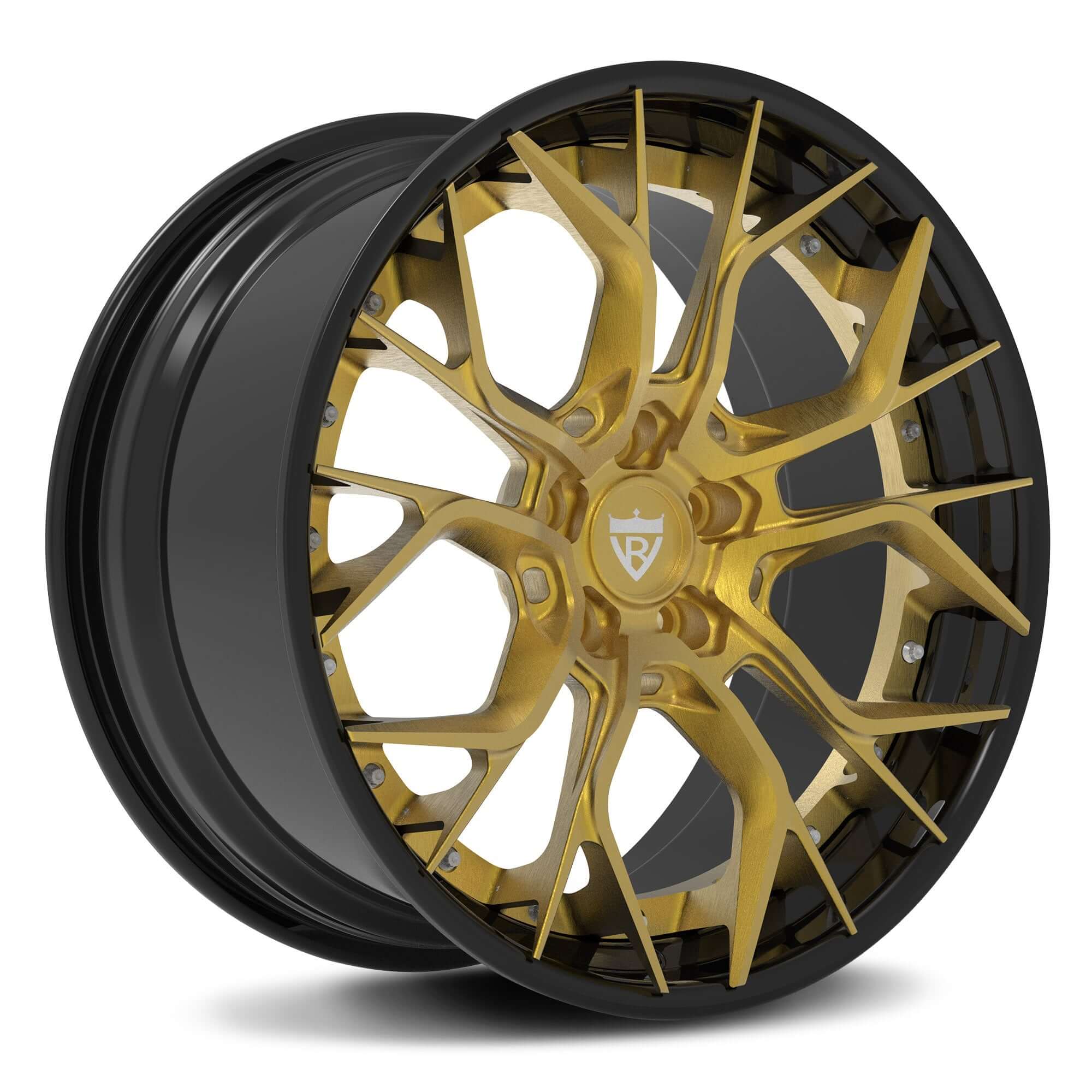 Custom aggressive forged RV-DR16 wheels in gold and black, ideal for Corvette C8 enhancements and chrome rim style.