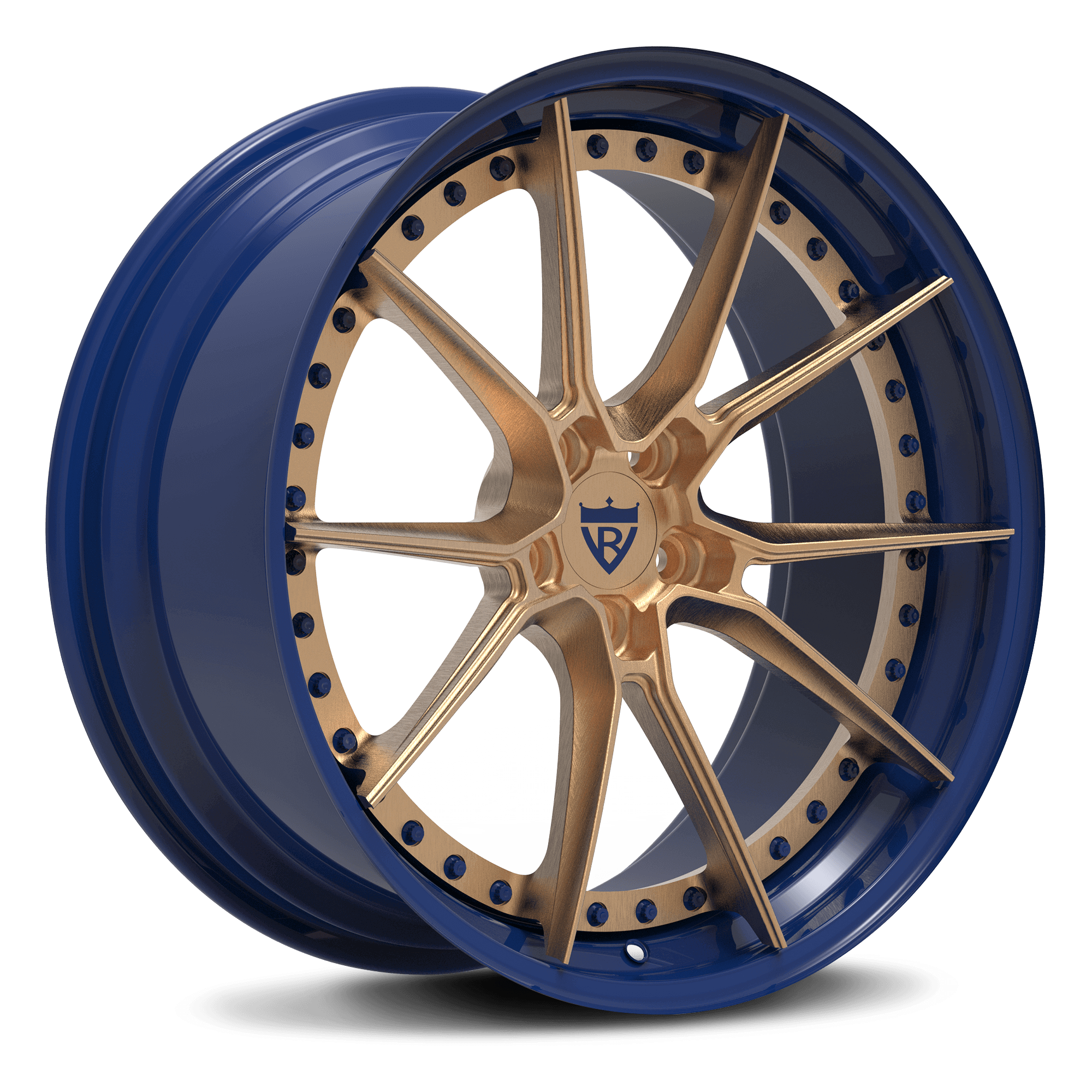 Custom-built Aston Martin rims in a deep blue and bronze for a unique luxury touch-RVRN Wheels