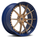 Custom-built Aston Martin rims in a deep blue and bronze for a unique luxury touch-RVRN Wheels