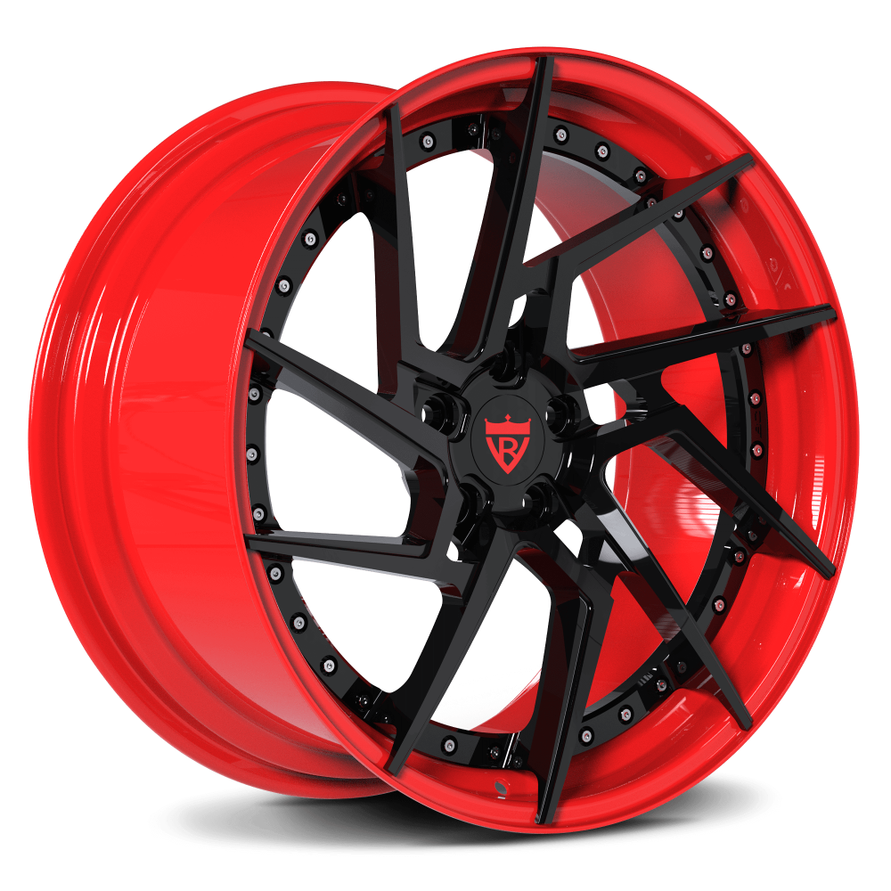 Custom red and black forged wheels designed for premium vehicles including Ferrari 488 GTB and more.