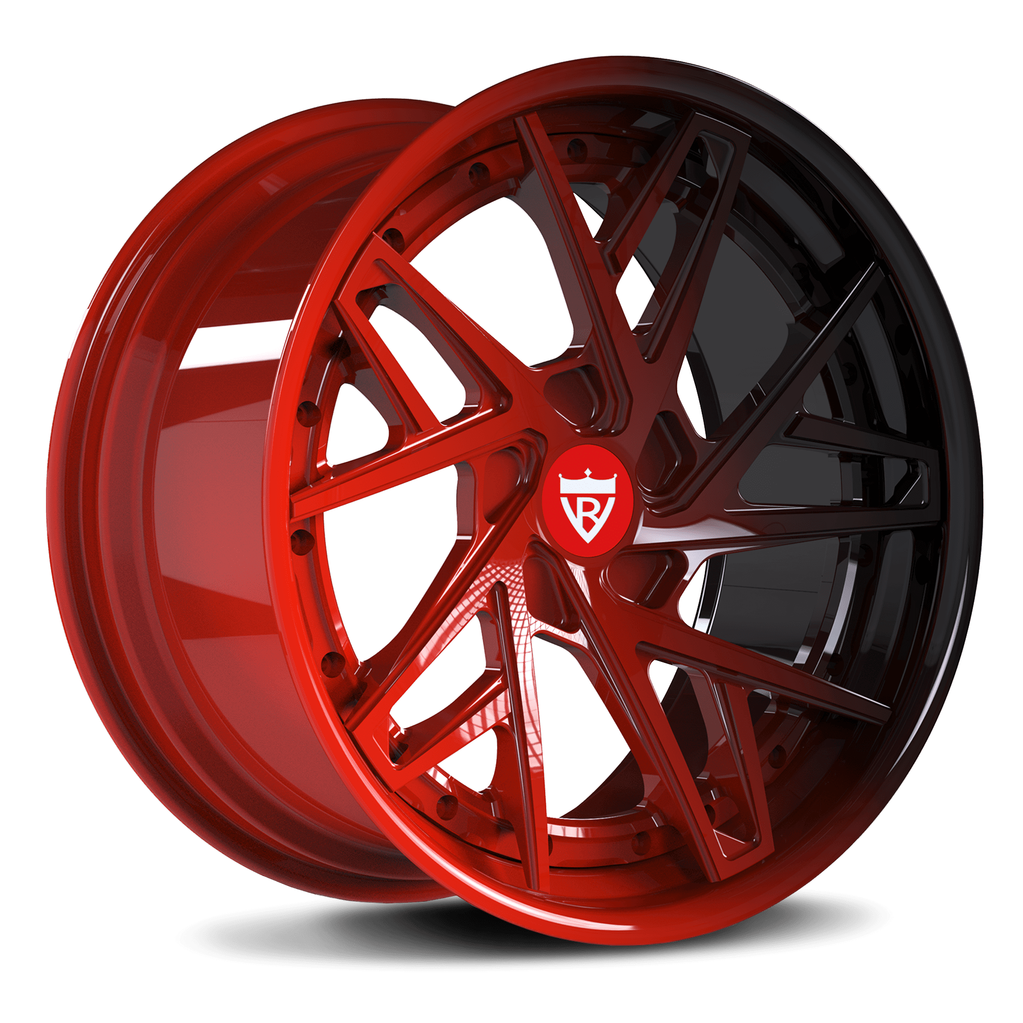 Custom 2-piece forged wheel in red and black finish, ideal for Tesla Model 3 aftermarket upgrades.
