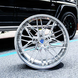 Custom forged Camaro wheel with a shiny chrome finish and intricate spoke design, perfect for 18-inch Camaro rims.