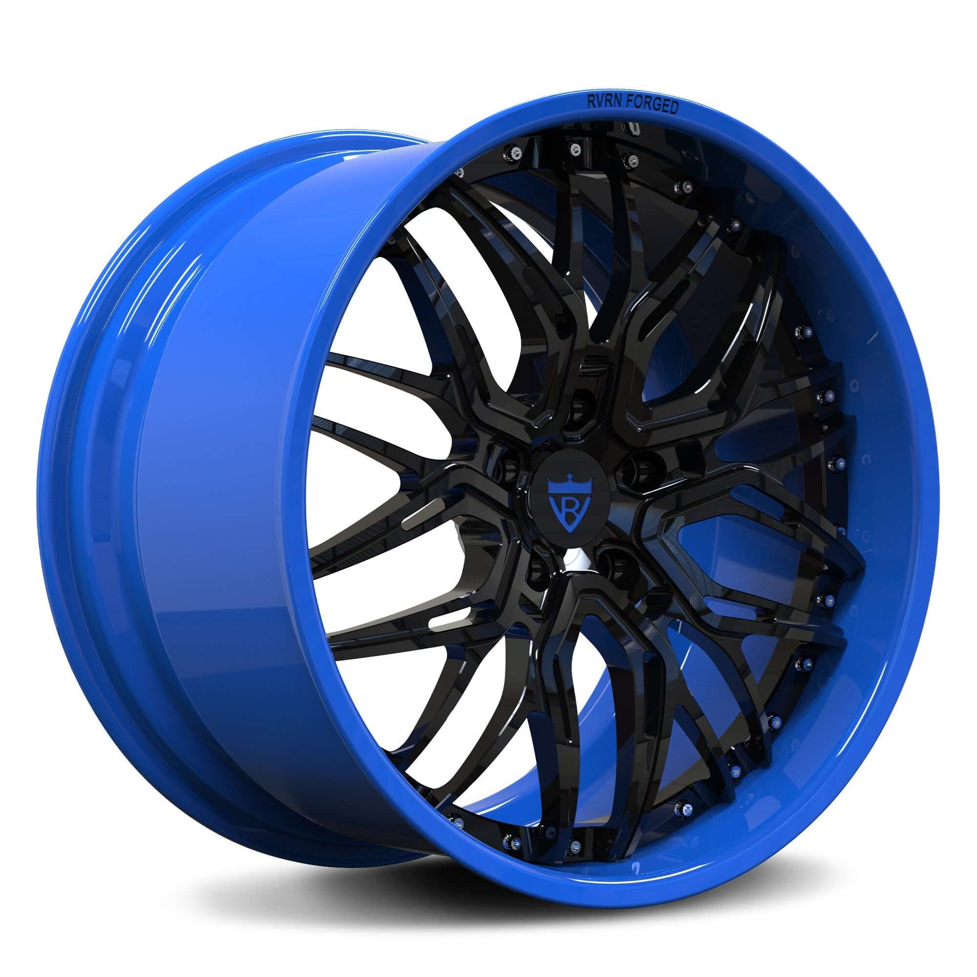 Custom blue forged Camaro wheels with black accents, designed for maximum concavity and compatible with OEM TPMS.