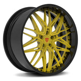 Custom 2 piece forged Camaro wheel in black and yellow, designed for superior performance and style.