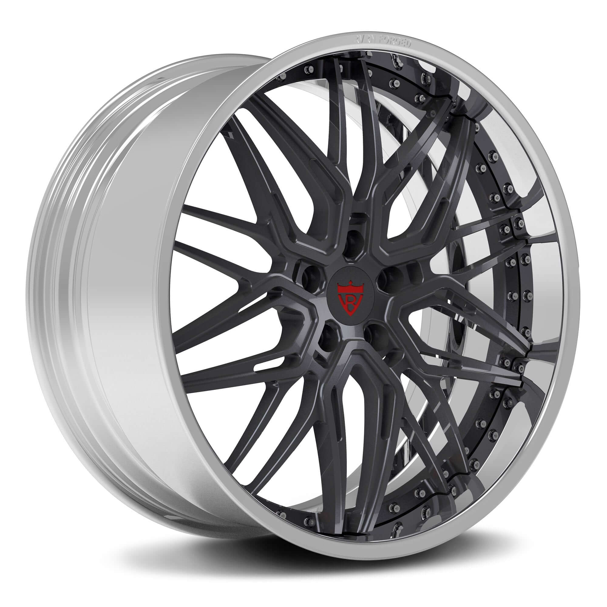 Custom forged Camaro wheel with a sleek black and silver design, ideal for 18 inch Camaro rims and deep dish styling.