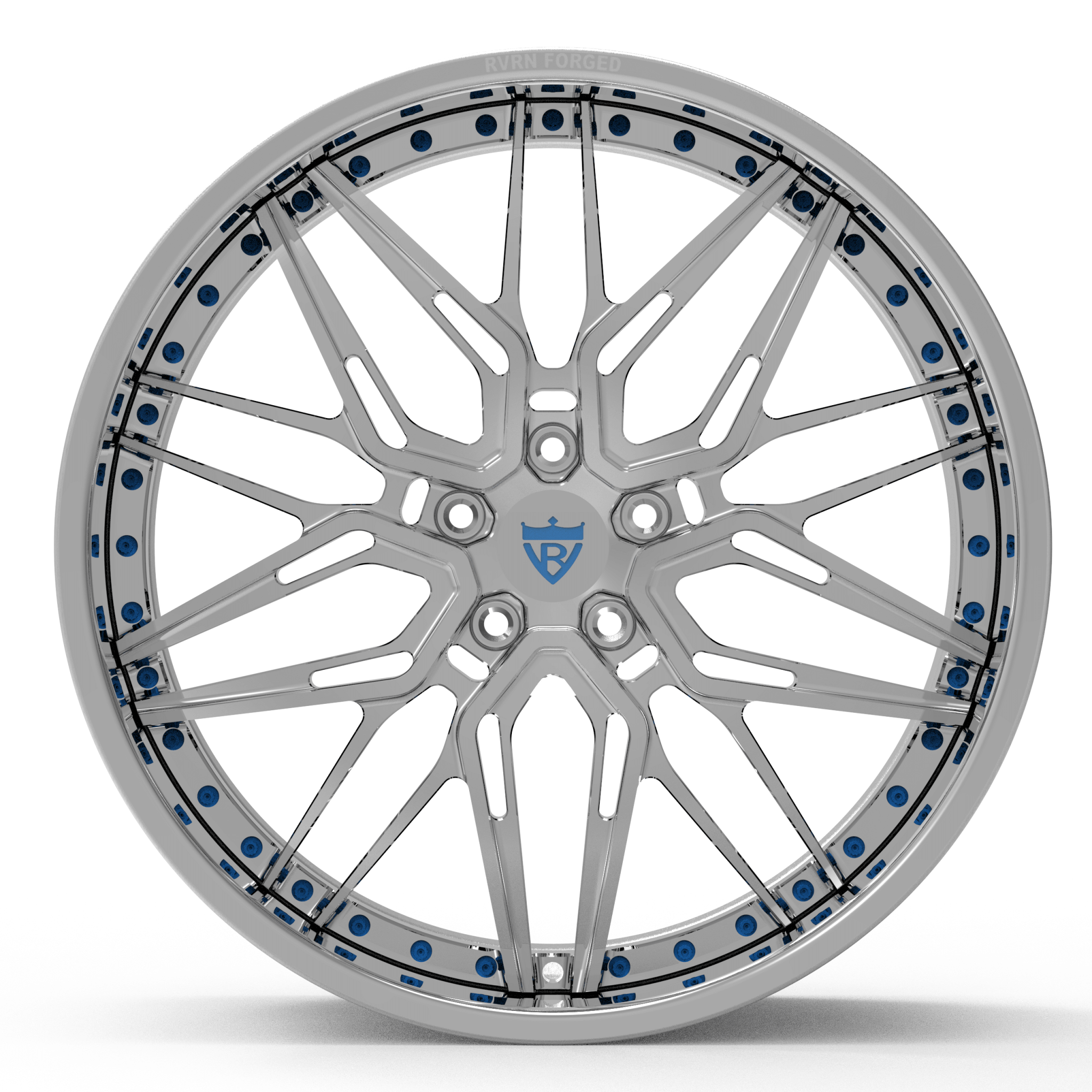 Custom forged Camaro wheel with intricate design, showcasing a chrome finish and blue accents.