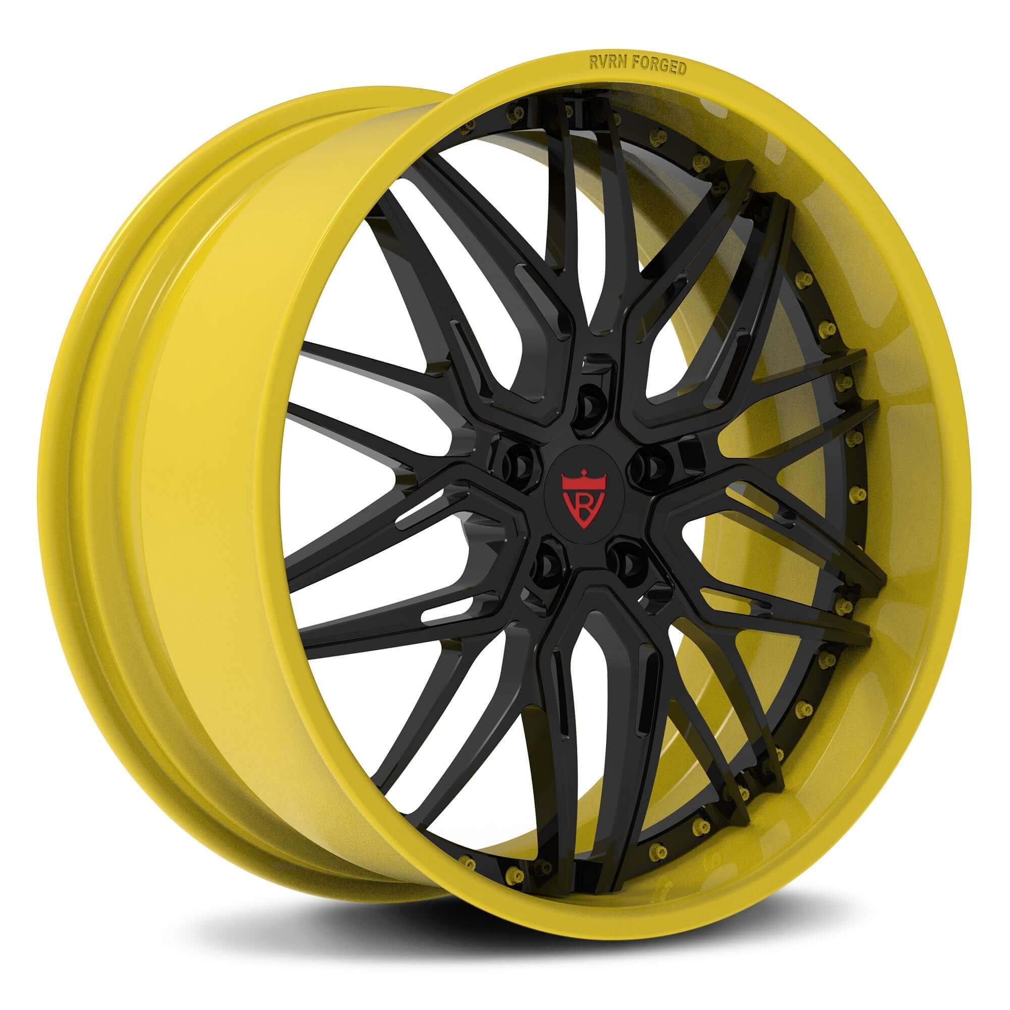 Custom 2-piece forged Camaro wheel in yellow and black, showcasing intricate design for performance vehicles.