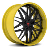 Custom 2-piece forged Camaro wheel in yellow and black, showcasing intricate design for performance vehicles.