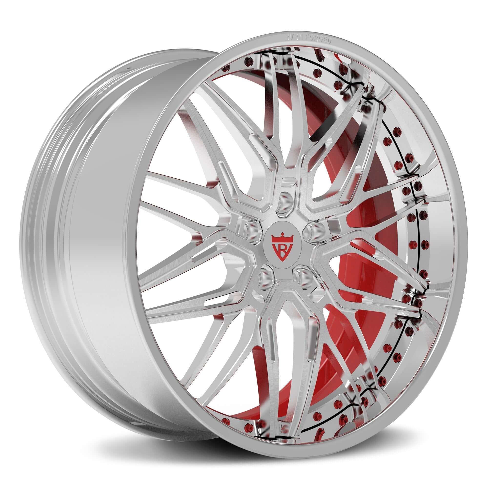 Custom forged Camaro wheel with chrome finish and red accents, designed for 18 inch Camaro rims and deep dish styling.