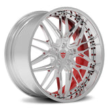 Custom forged Camaro wheel with chrome finish and red accents, designed for 18 inch Camaro rims and deep dish styling.