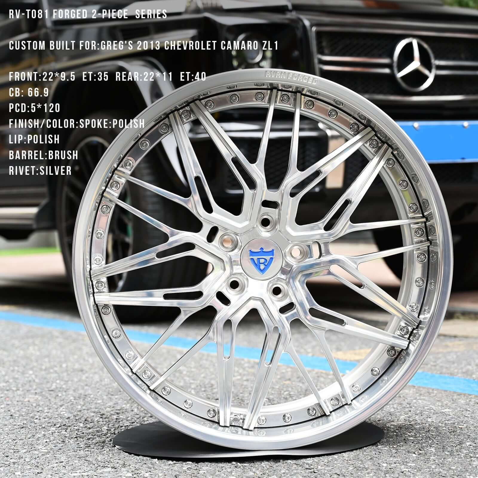 Custom 2 piece forged RV-T081 wheels for 2013 Chevrolet Camaro ZL1, 22 inch, polished finish, available in various sizes.