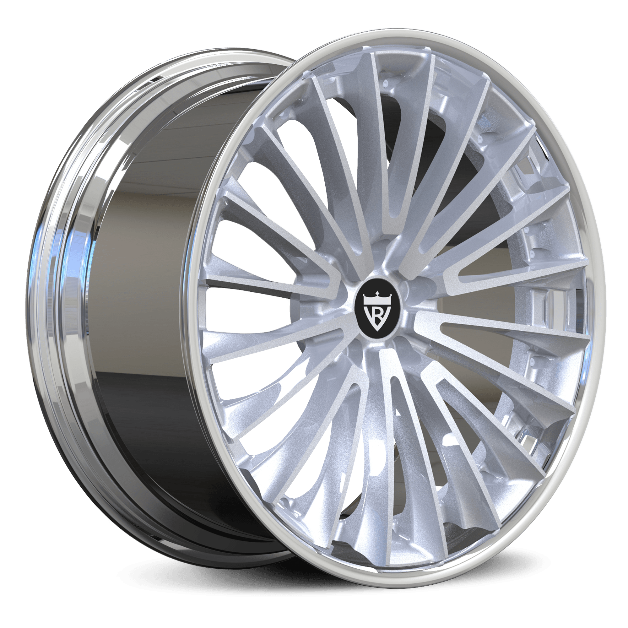 Custom 2 piece forged wheels RV-DM079 showcasing a polished silver finish for luxury vehicles.