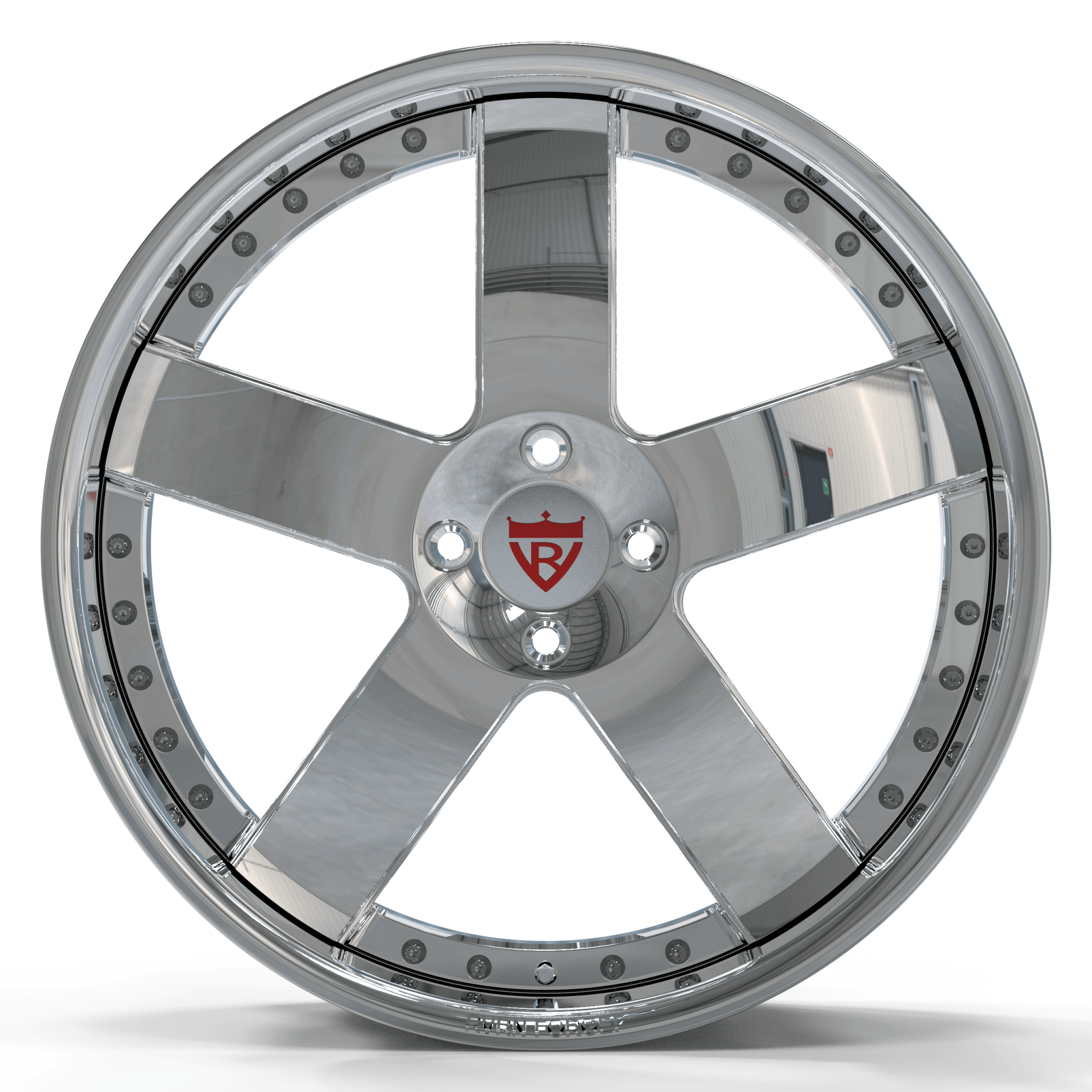 Chrome 5-spoke forged wheel RV-DF93 for Mustang, featuring a 2-piece design, perfect for deep dish staggered setup, custom blue options available