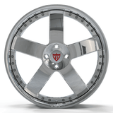 Chrome 5-spoke forged wheel RV-DF93 for Mustang, featuring a 2-piece design, perfect for deep dish staggered setup, custom blue options available