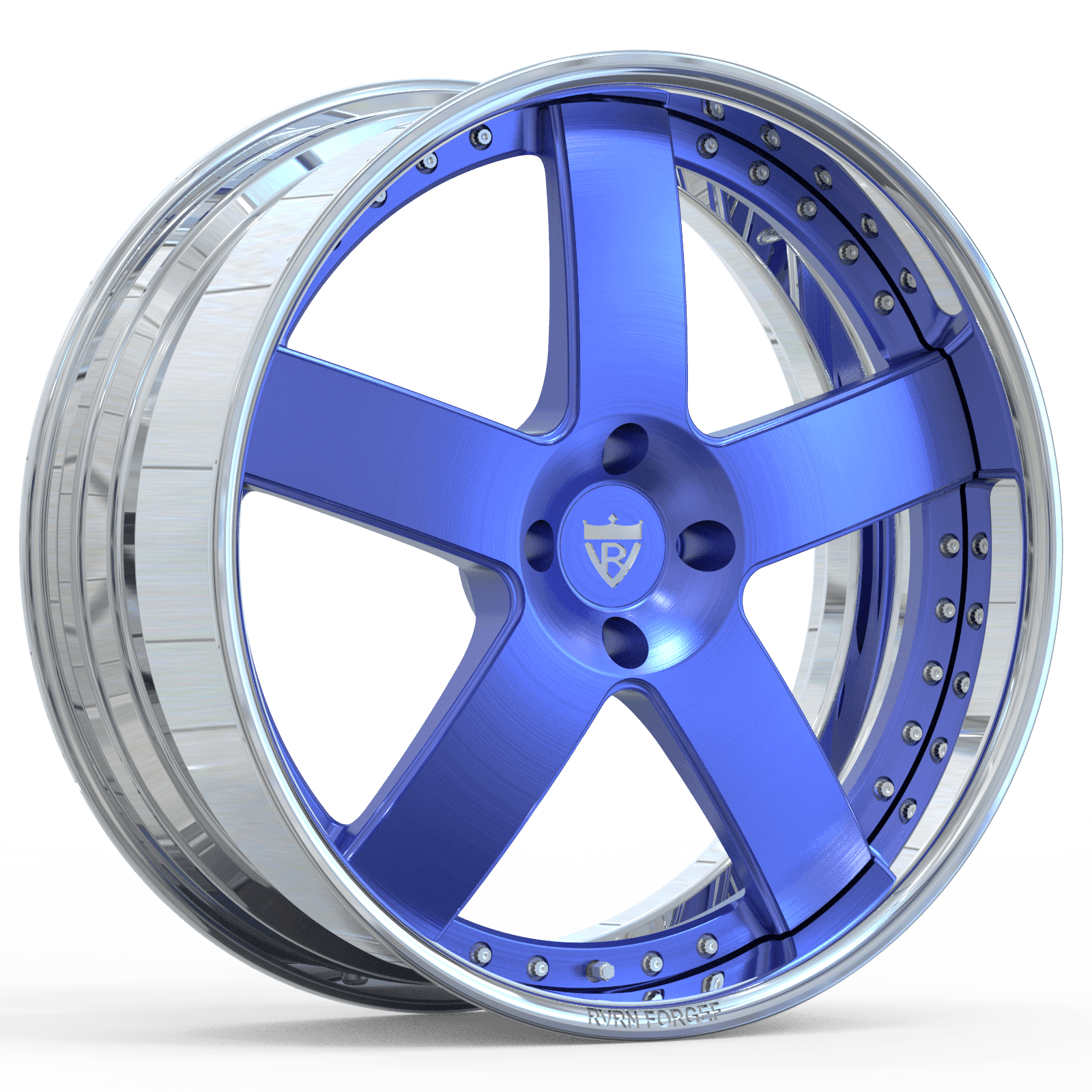 Custom 2-piece blue forged 5-spoke chrome wheel RV-DF93 for Mustang GT, 19 inch staggered deep dish design for superior performance
