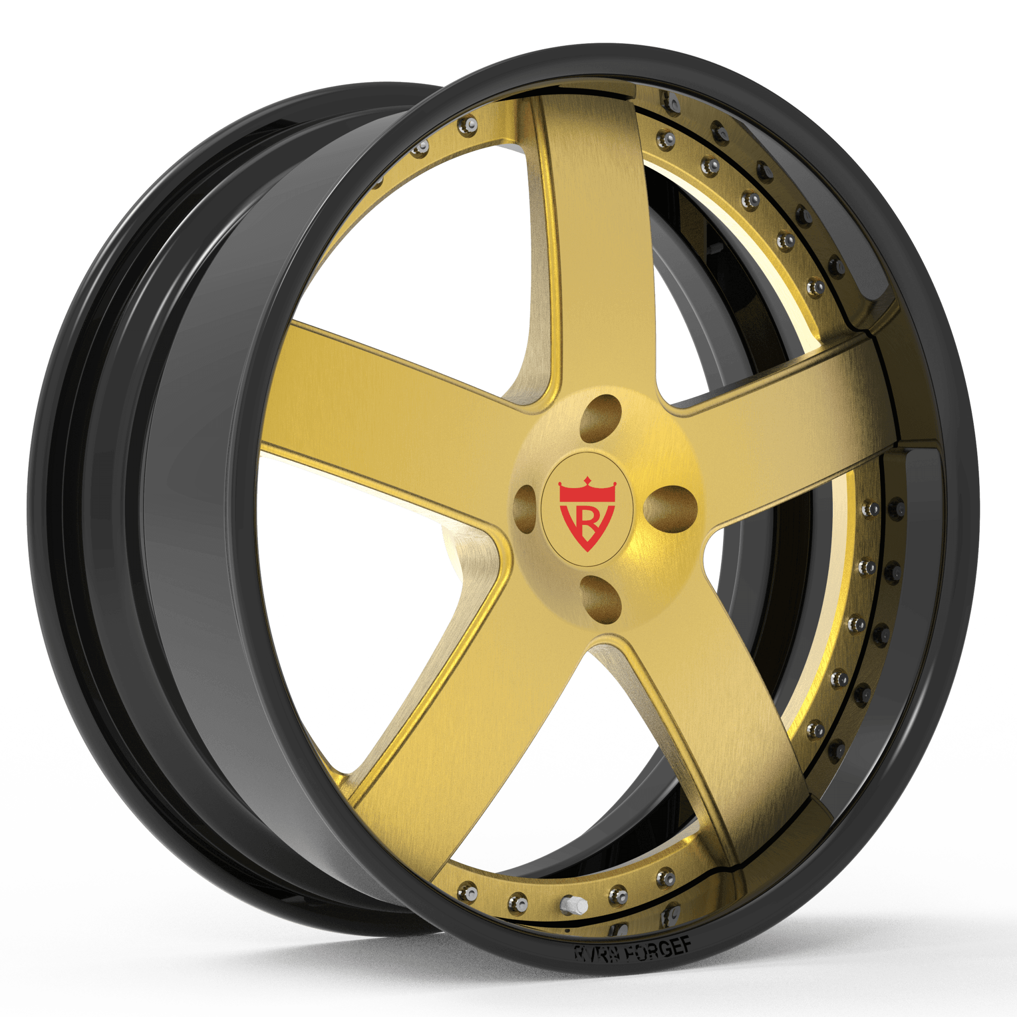 Custom 2-piece forged 5 spoke wheel, gold finish, ideal for Mustang, 17"-26" sizes, aerospace-grade aluminum, compatible with OEM TPMS and lugs