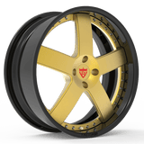 Custom 2-piece forged 5 spoke wheel, gold finish, ideal for Mustang, 17"-26" sizes, aerospace-grade aluminum, compatible with OEM TPMS and lugs