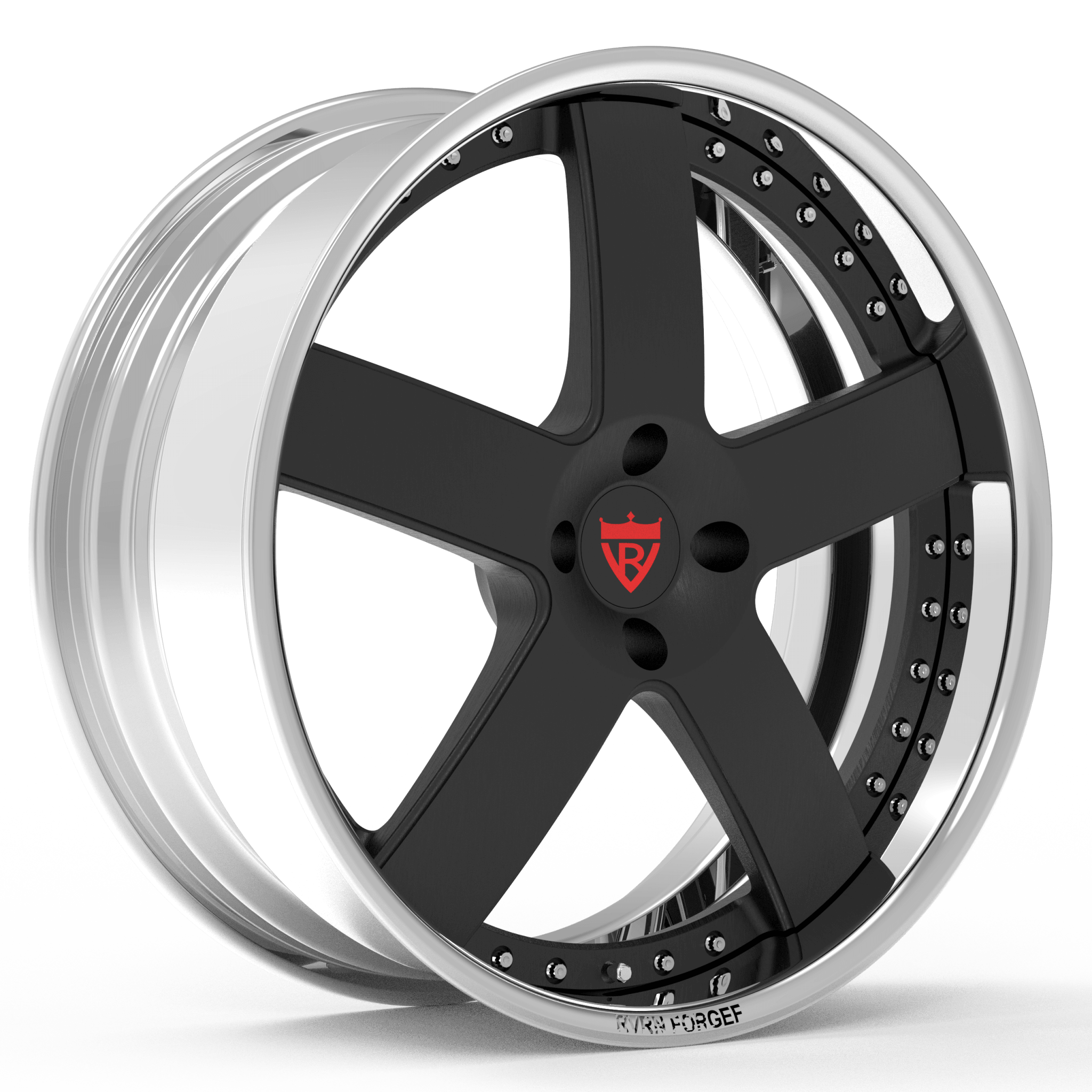 "Custom 2-piece forged 5 spoke wheel RV-DF93, available in sizes 17"-26", machined from aerospace-grade 6061-T6 aluminum alloy, perfect for Mustang GT"
