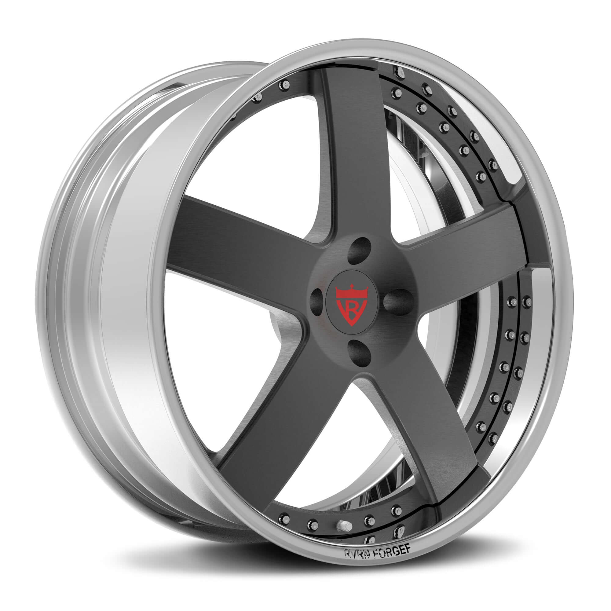 Custom 2-piece forged 5 spoke RV-DF93 wheel in gunmetal and silver finish for Mustang, available in 17"-26" sizes, deep dish design.