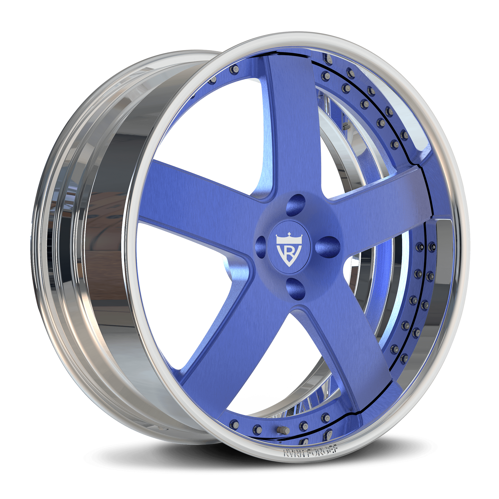 Blue 5-spoke custom forged wheel for Mustang, deep dish design, compatible with OEM TPMS and lugs, perfect for 1999 Mustang GT, 19-inch staggered size.