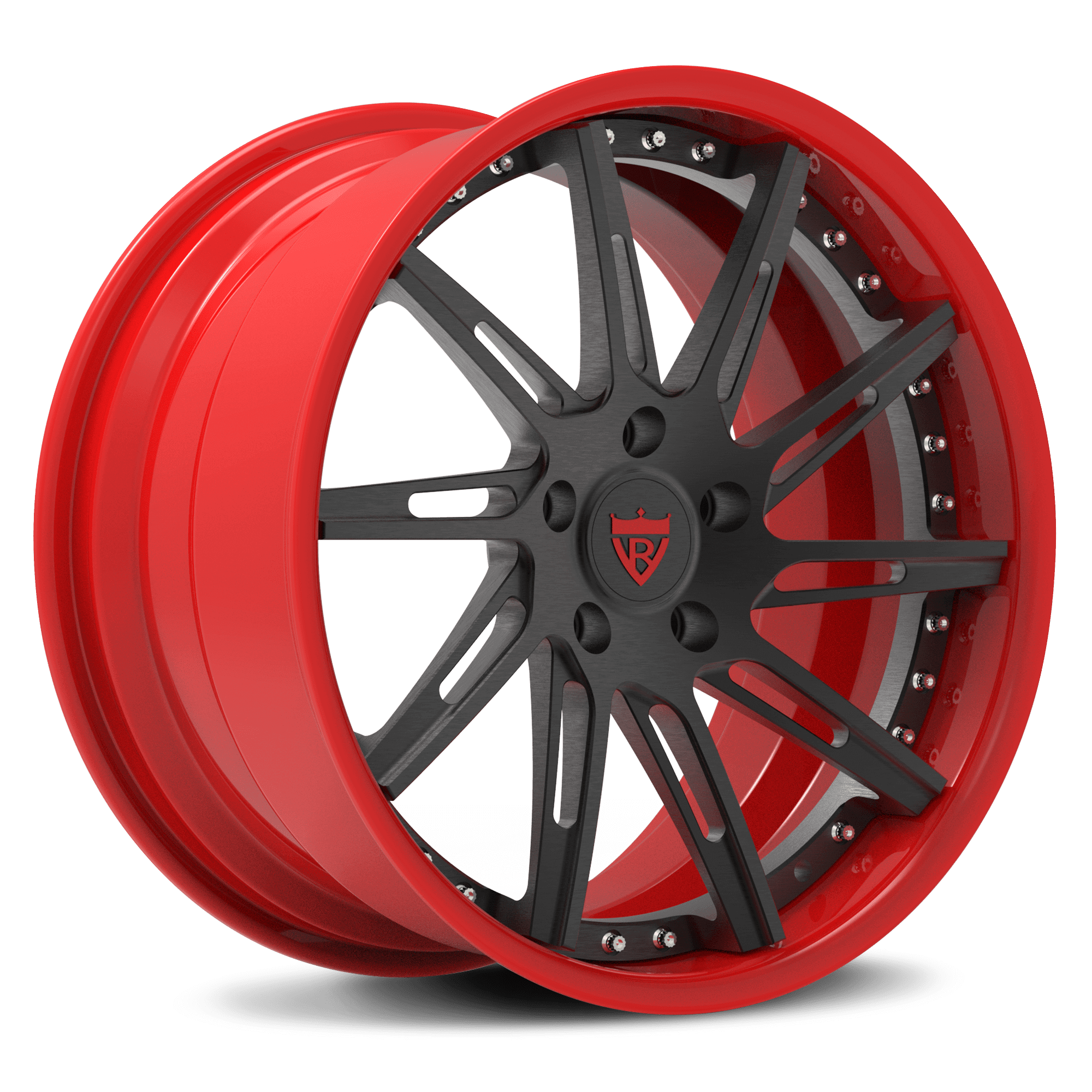 Custom red and black forged wheel with a unique design, showcasing a sleek finish and bold color contrast.