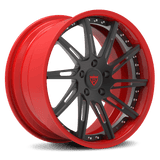 Custom red and black forged wheel with a unique design, showcasing a sleek finish and bold color contrast.