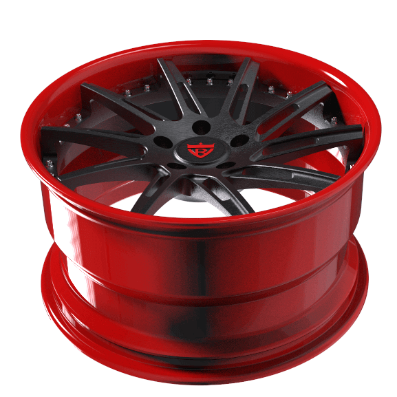 Custom red and black forged wheel featuring a sleek design and precision machining for optimal performance.