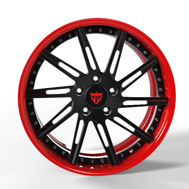 Custom red and black forged wheel RV-DR06 with 10 spokes and red wheel lip, showcasing high-quality design.