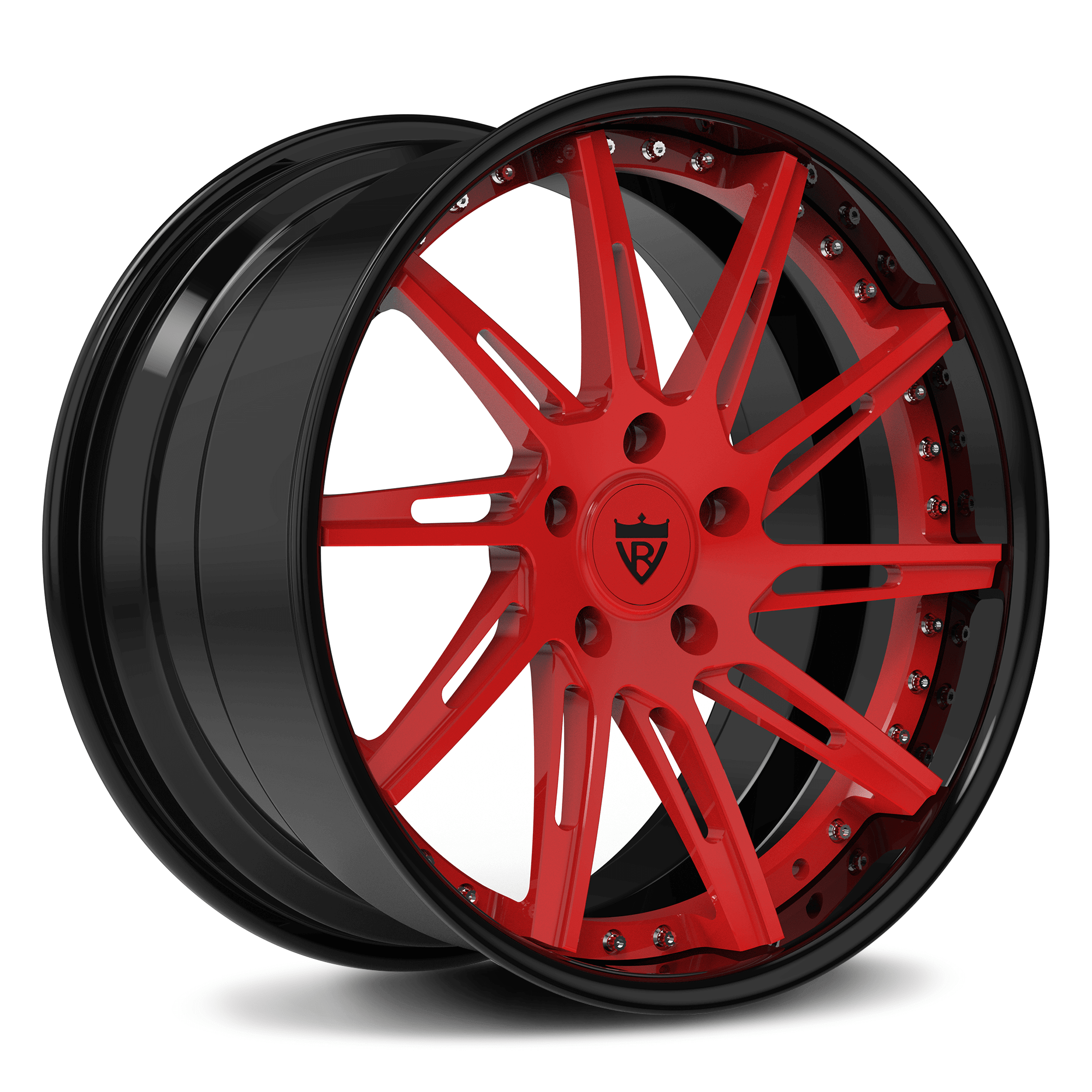 Custom red and black forged wheels with sharp spokes, showcasing a modern design and premium craftsmanship.