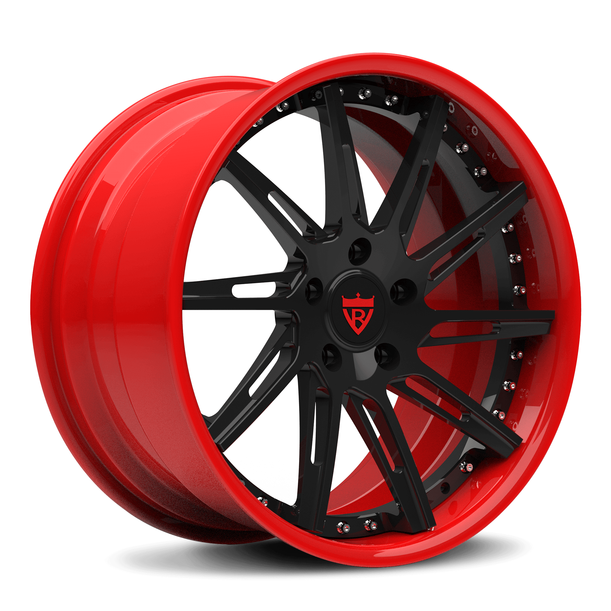 Custom 2-piece red and black forged wheels with sleek design and polished finish for enhanced vehicle aesthetics.