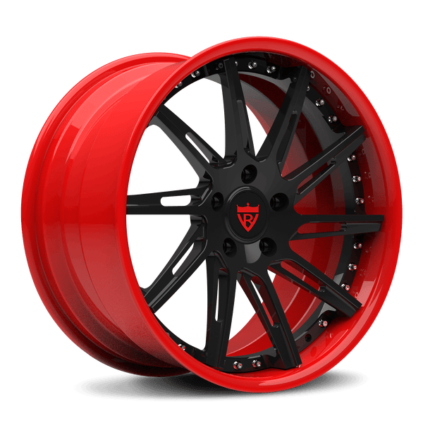 Custom 2-piece red and black forged wheels with sleek design and polished finish for enhanced vehicle aesthetics.