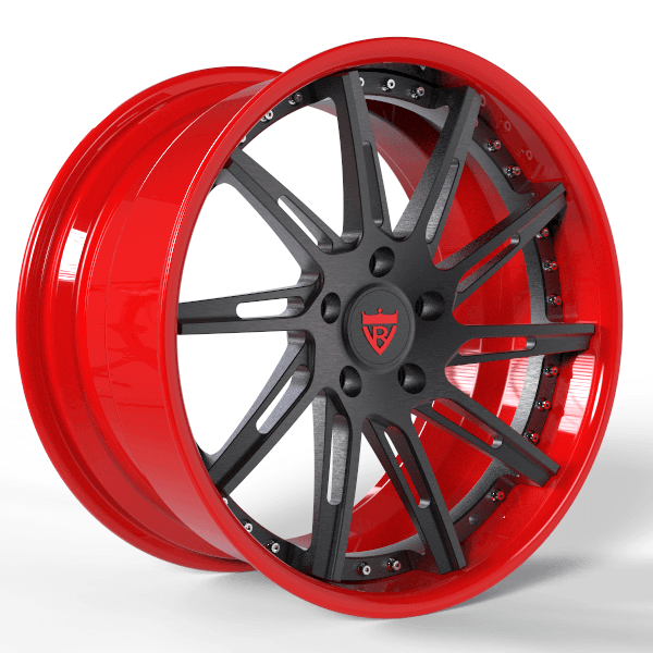 Custom 2-piece red and black forged wheels RV-DR06 with a sleek design and max concavity for any vehicle.