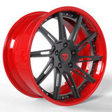 Custom 2-piece red and black forged wheels RV-DR06 with a sleek design and max concavity for any vehicle.