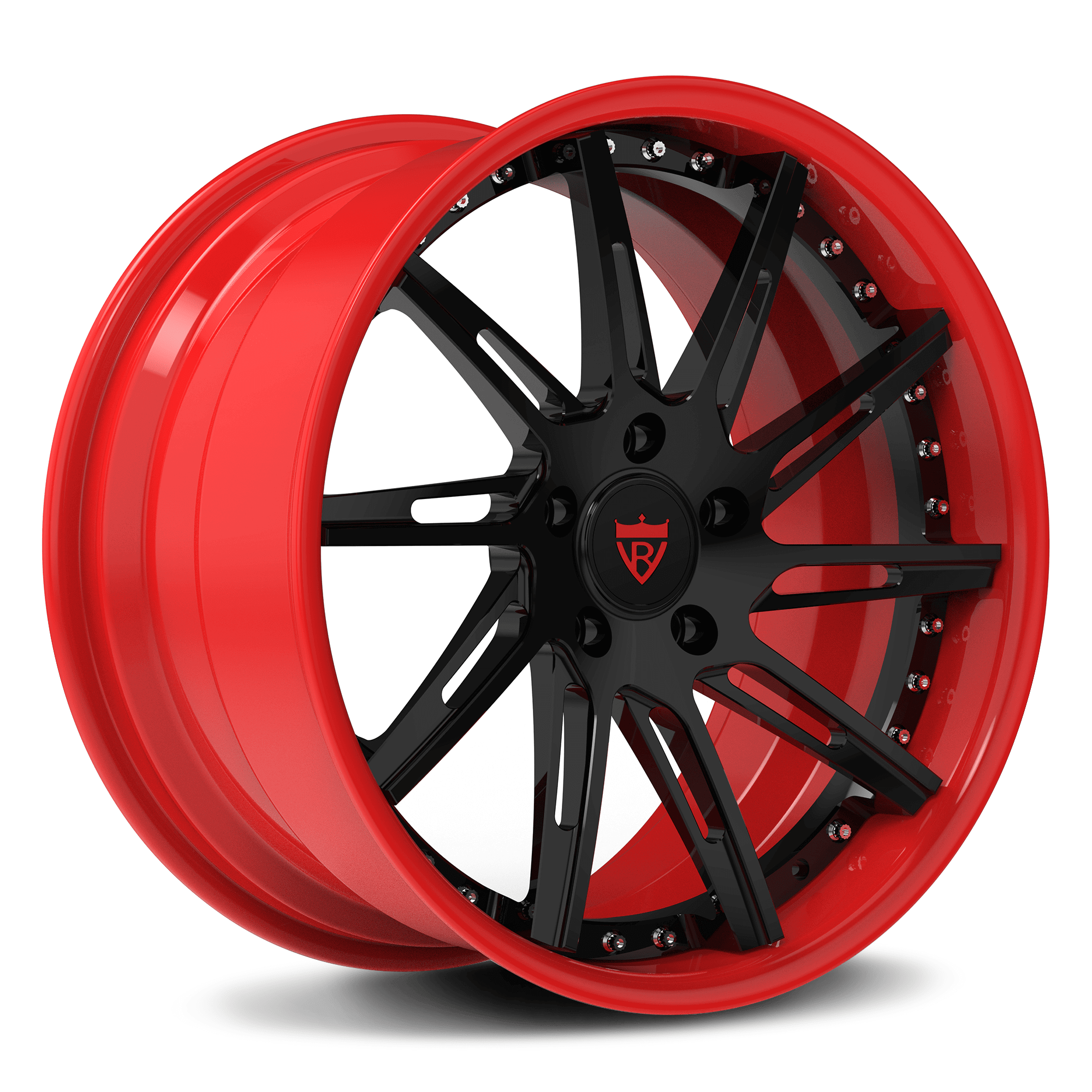 Custom 2-piece red and black forged wheels, showcasing a sleek design with red wheel lip and black accents.