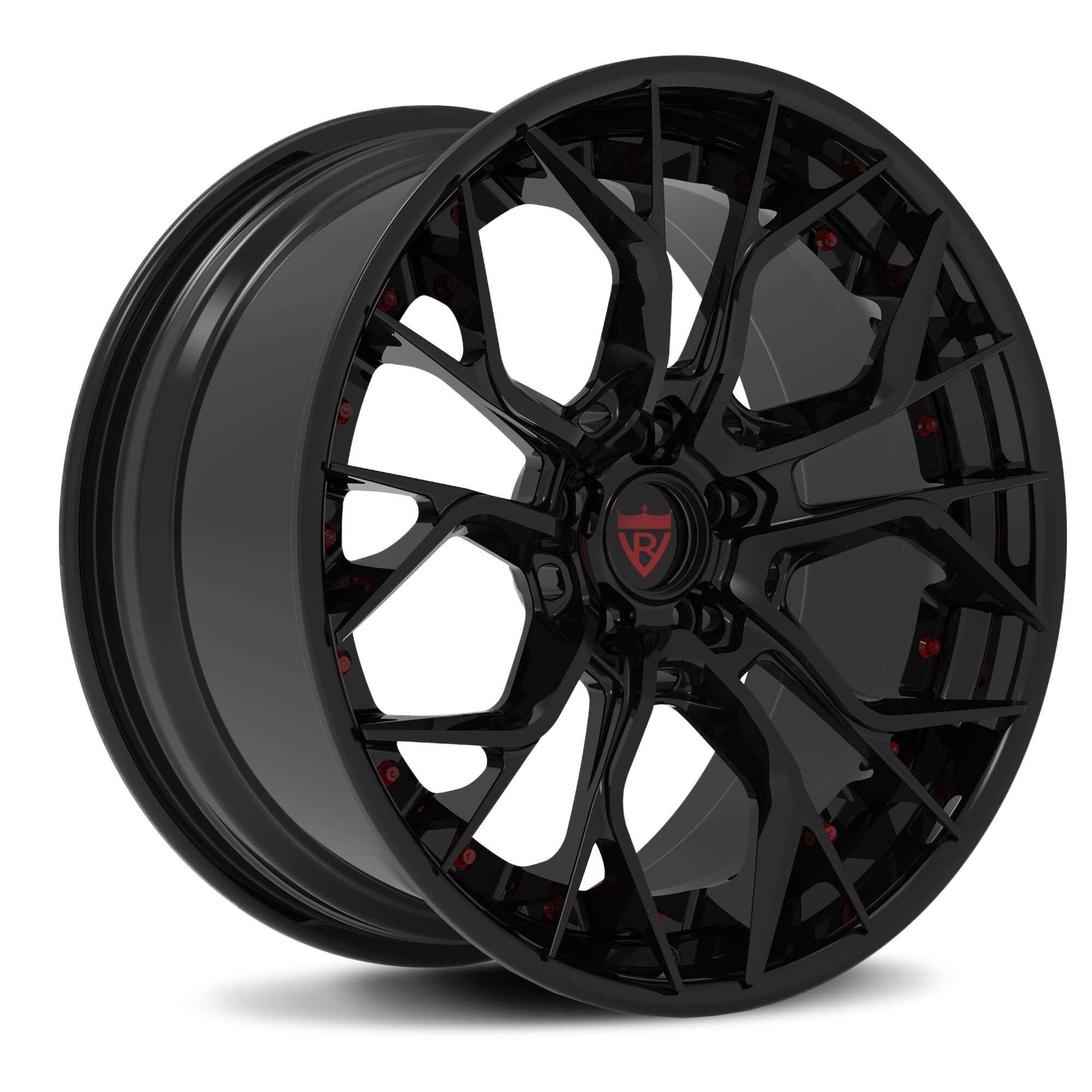 Custom 2-piece aggressive forged wheels RV-DR16, black finish, ideal for Corvette C8, chrome rims, custom forged quality.