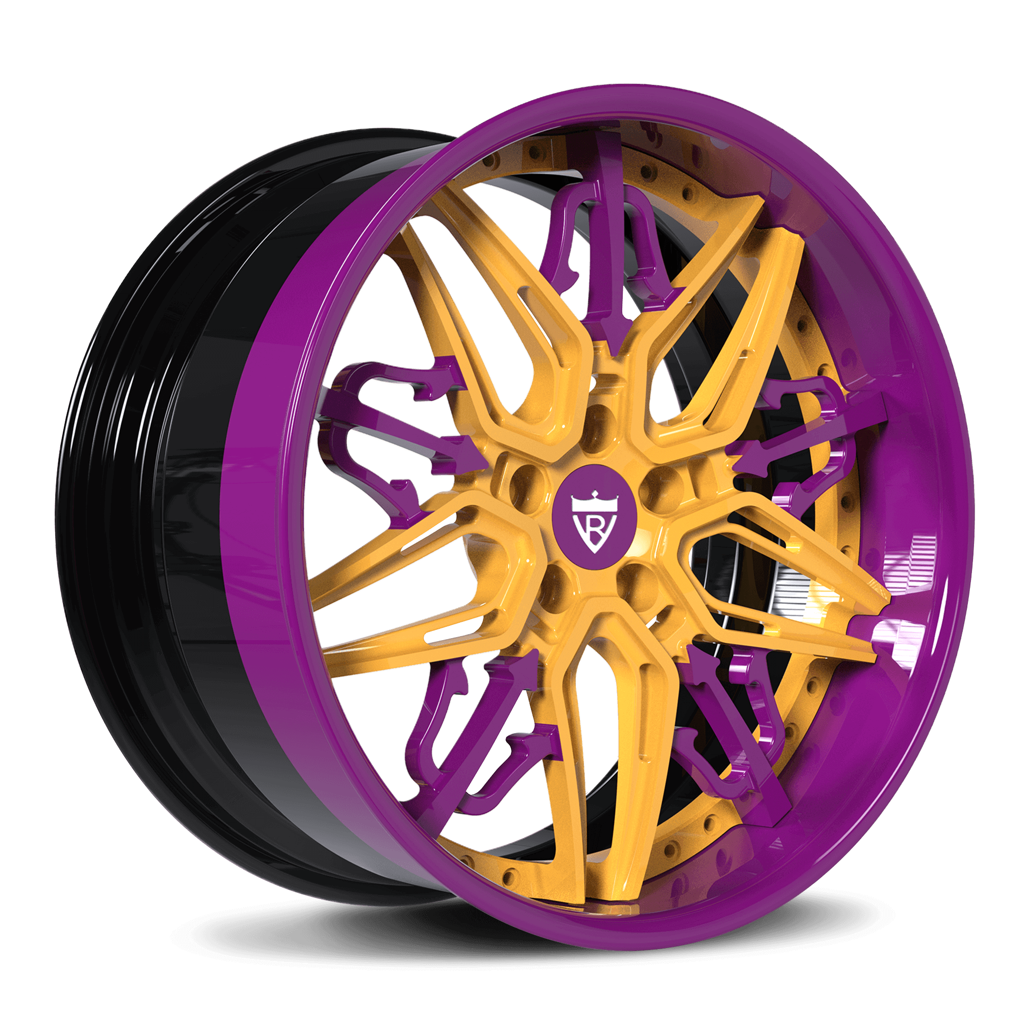 Custom purple and gold deep lip wheel design featuring intricate spoke pattern for Maserati upgrades.